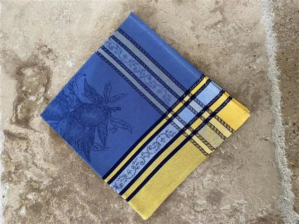 Set of Provence France Napkins Jacquard Woven Blue Yellow Citrus