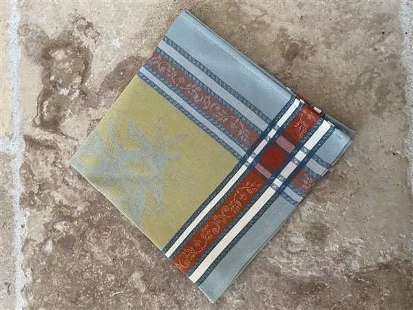 Set of Provence France Napkins Jacquard Woven Teal Green Yellow Citrus