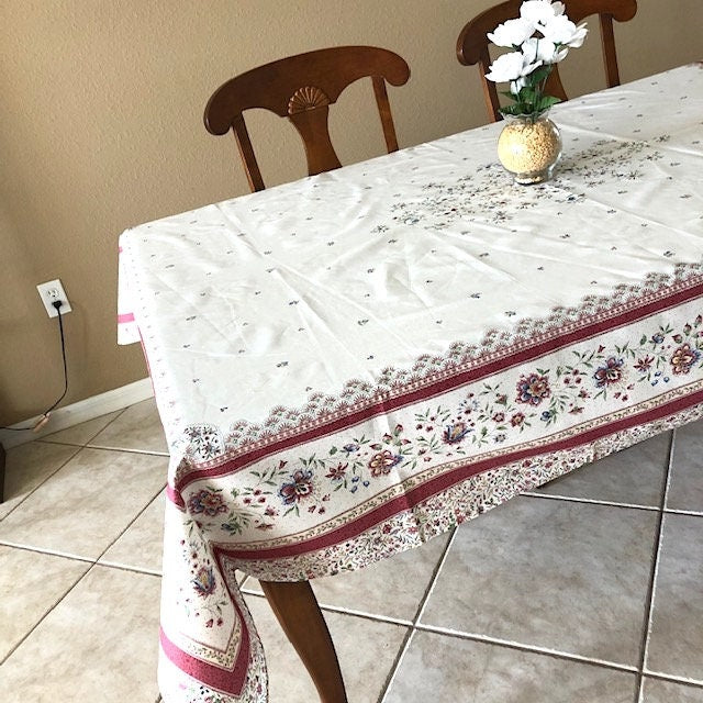Rectangular 78" cotton Provence tablecloth France Beaucaire off-white red
