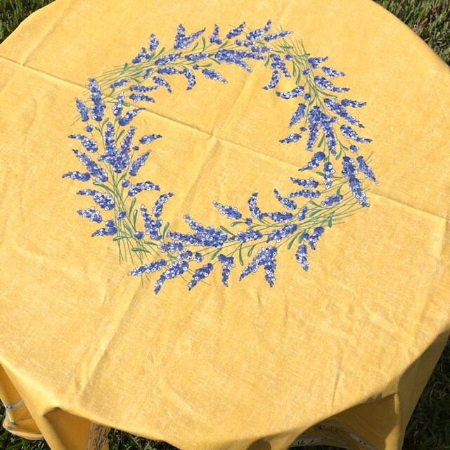 Round 70'' coated or cotton French Provence tablecloth yellow with lavender pattern