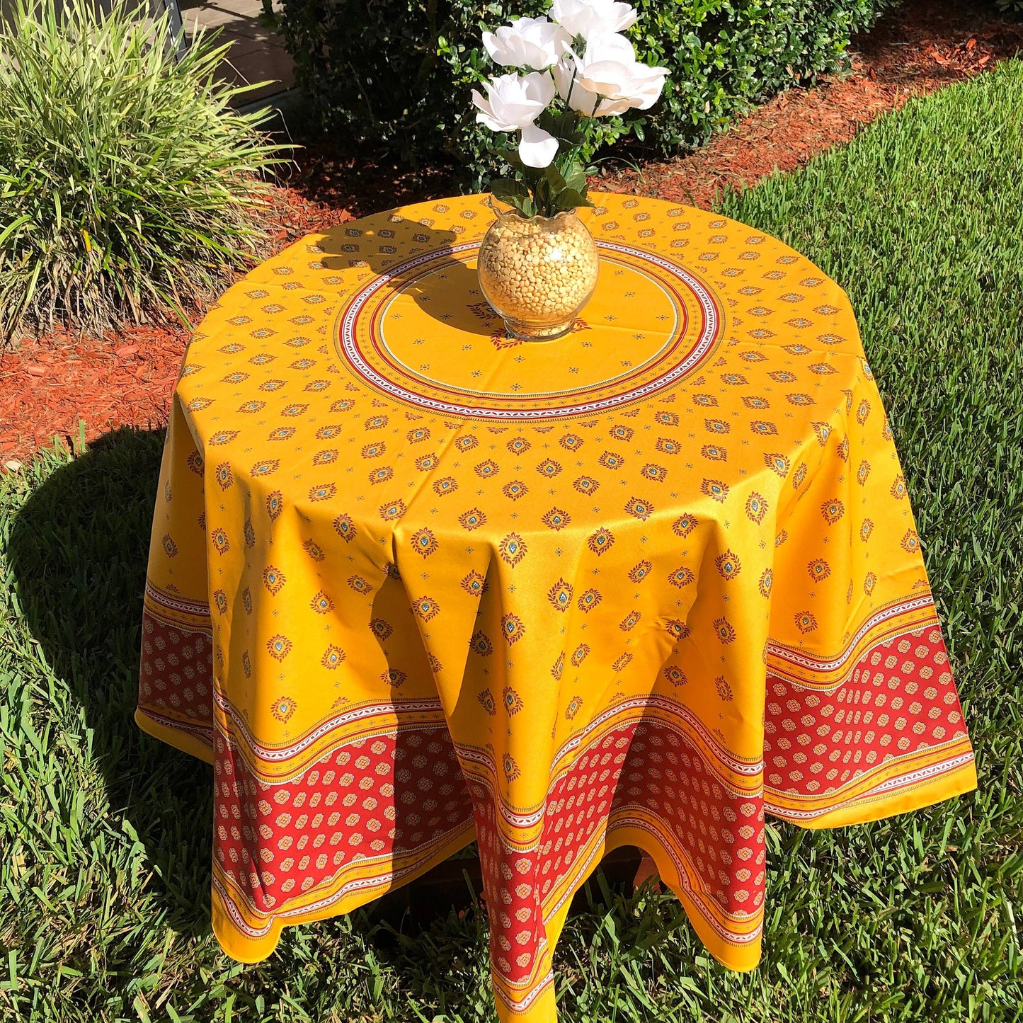 Round 70" coated or cotton Provence tablecloth yellow with red