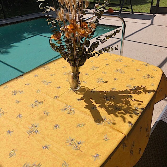 French Provence tablecloth yellow with olive pattern 78"or 98" coated or cotton, clos des oliviers