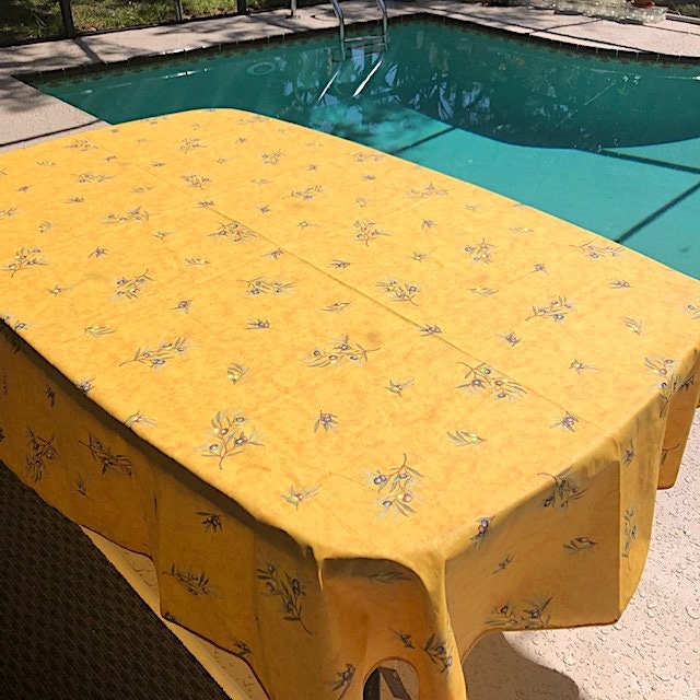 French Provence tablecloth yellow with olive pattern 78"or 98" coated or cotton, clos des oliviers