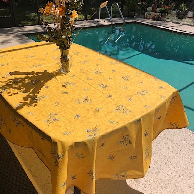 French Provence tablecloth yellow with olive pattern 78"or 98" coated or cotton, clos des oliviers