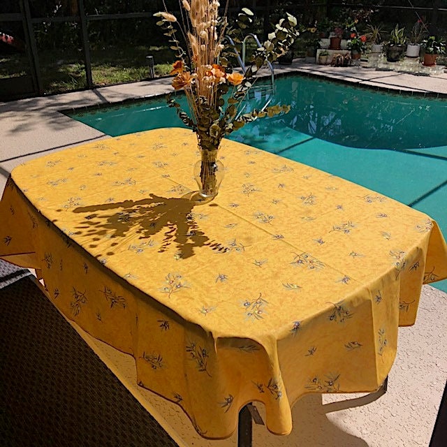 French Provence tablecloth yellow with olive pattern 78"or 98" coated or cotton, clos des oliviers