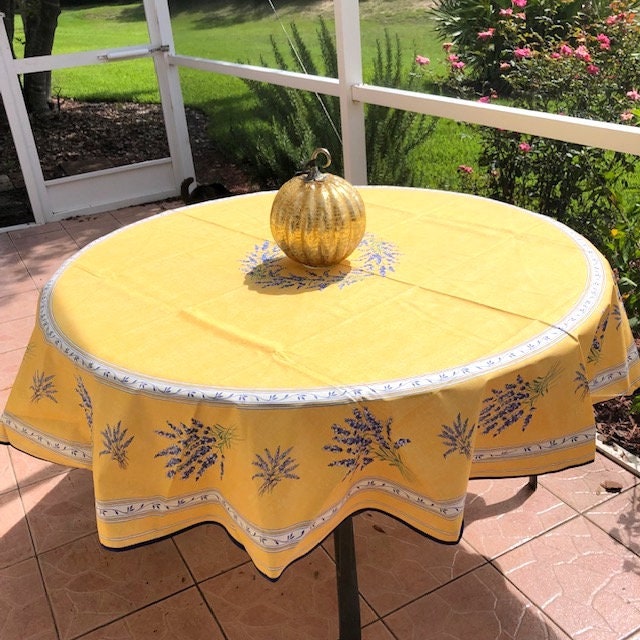Round 70'' coated or cotton French Provence tablecloth yellow with lavender pattern