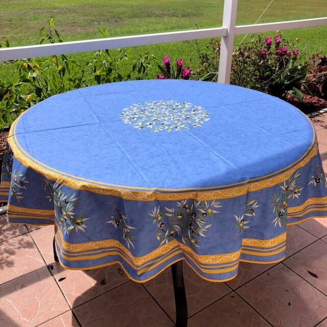 Round 70" coated or cotton French Provence tablecloth blue