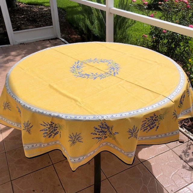 Round 70'' coated or cotton French Provence tablecloth yellow with lavender pattern