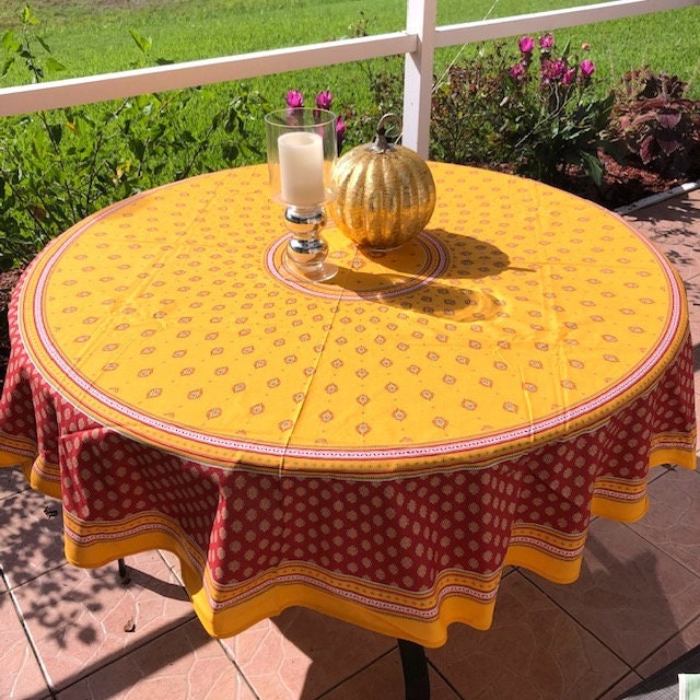 Round 70" coated or cotton Provence tablecloth yellow with red