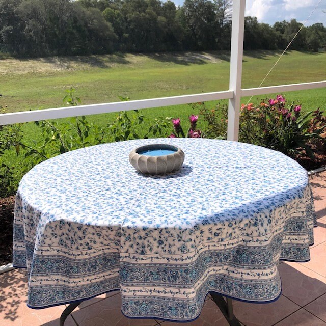 Round 70'' coated cotton France Provence tablecloth blue Gentiane