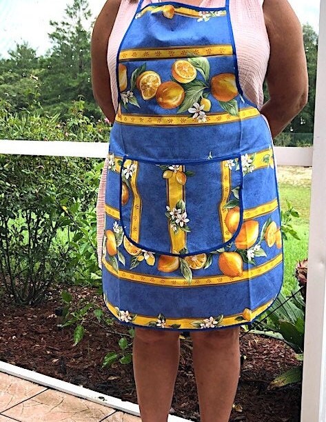 Provence kitchen Apron cotton "Blue Lemon" with pocket from France