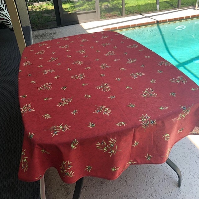 Oval 78"or 98" coated or cotton French Provence tablecloth red with olive pattern