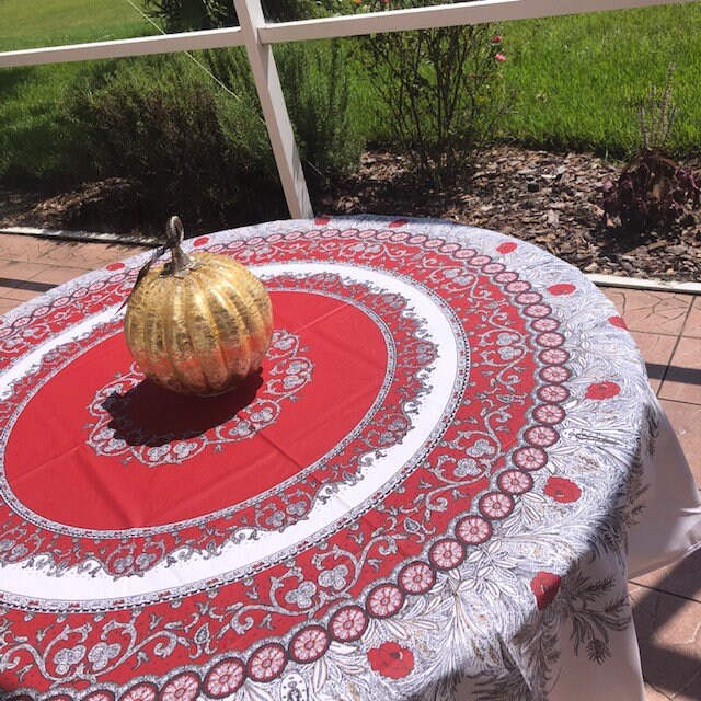 round 70" coated France Provence tablecloth red background white