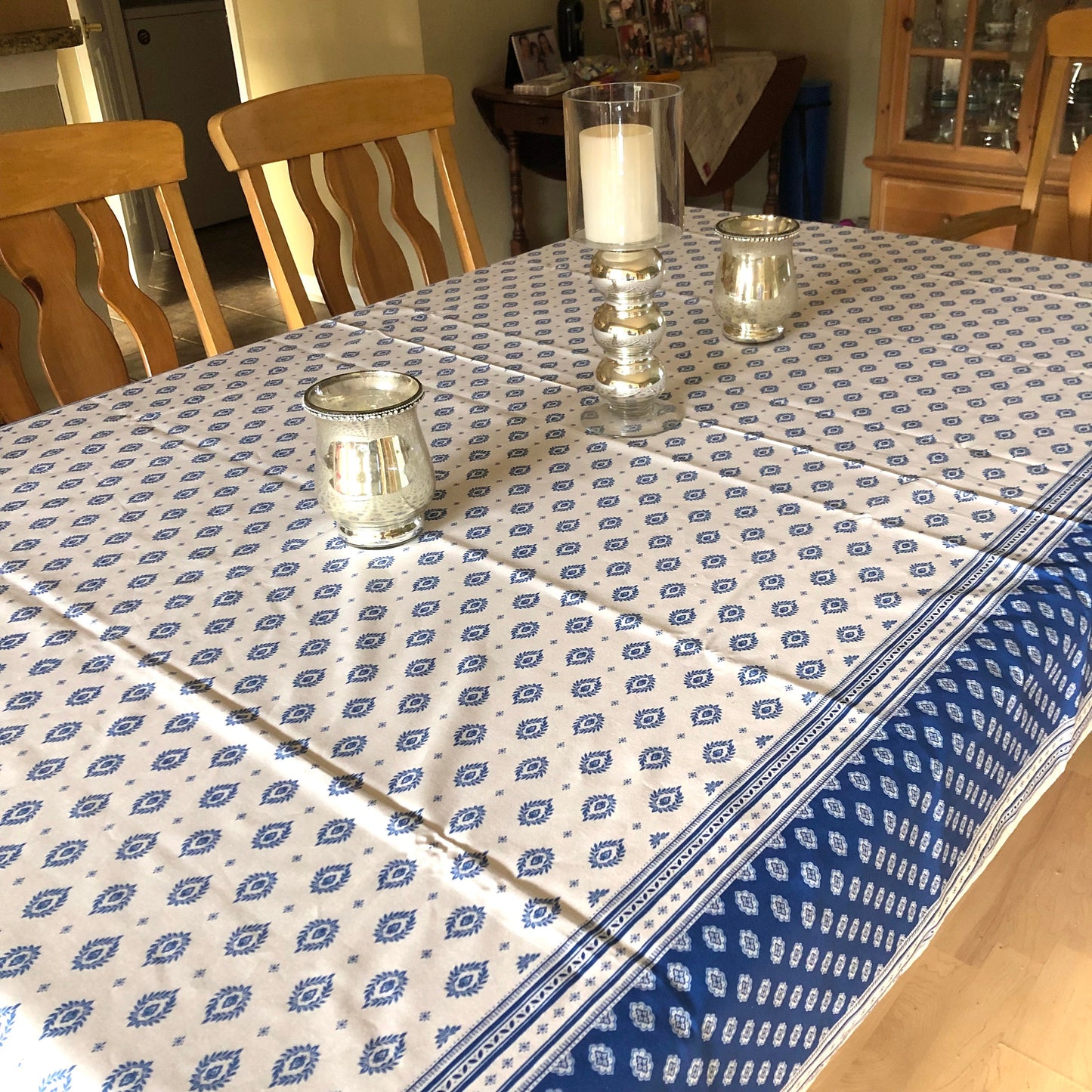 Rectangular 78", 98" coated or cotton Provence France tablecloth white and blue