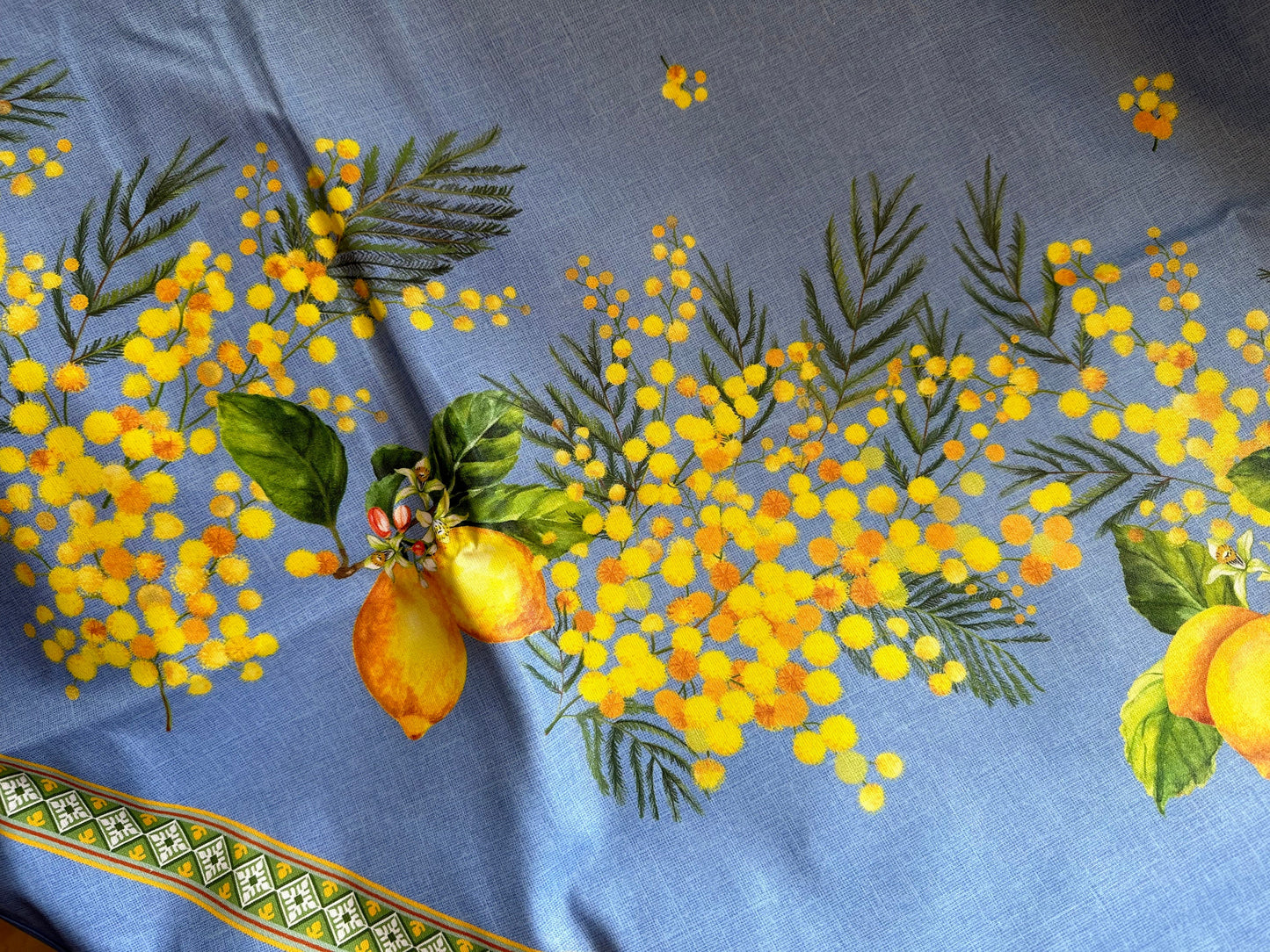 round 70" coated cotton French Provence tablecloth yellow Mimosa lemon and blue
