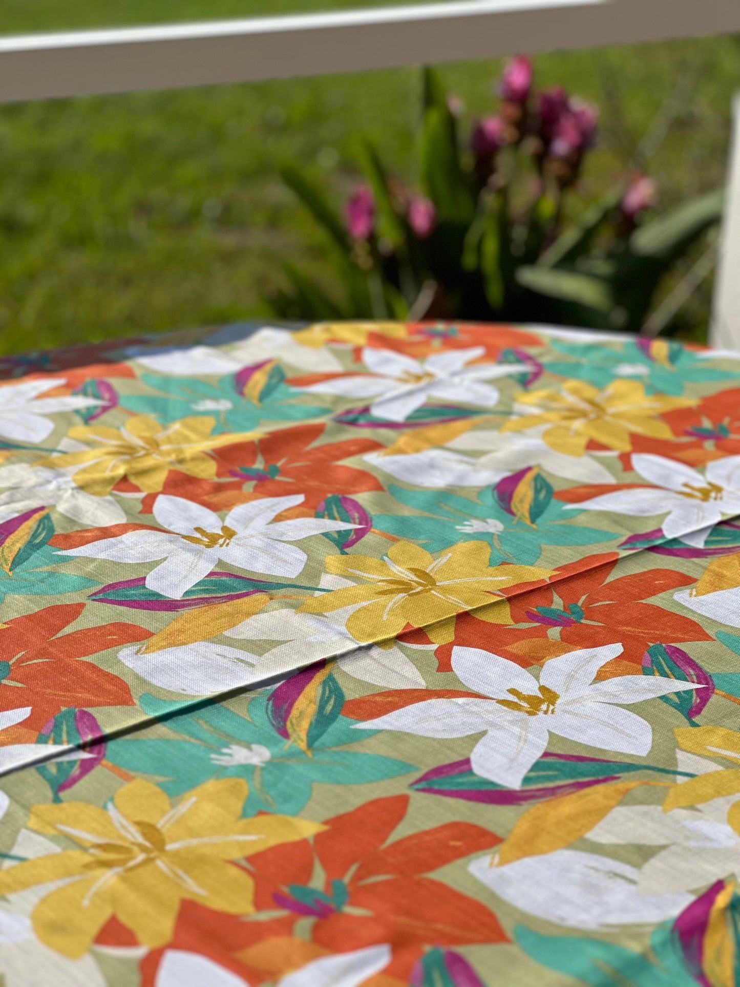 Round 61" coated French Provence tablecloth colorful yellow orange