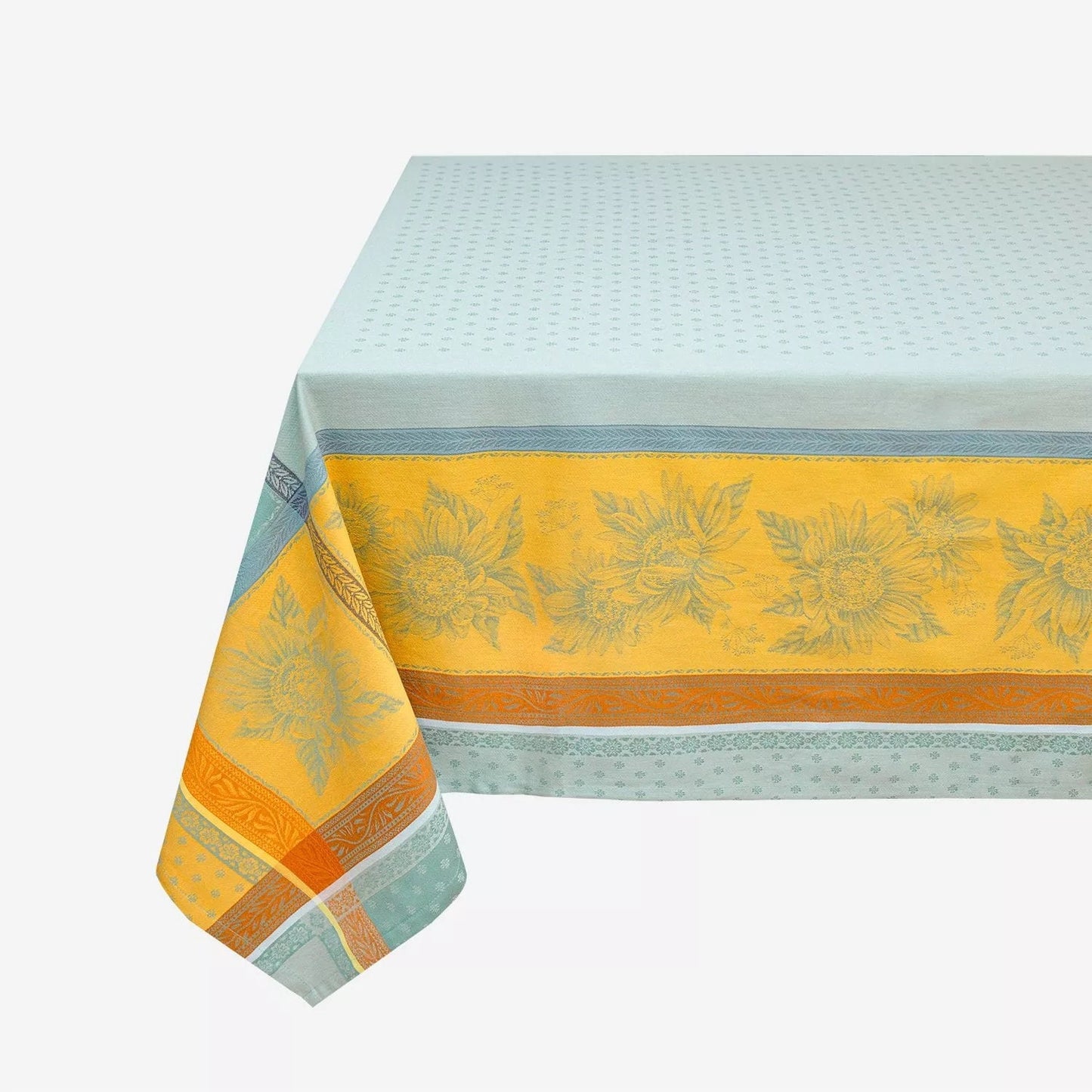 Rectangular 78" or 98'' France Jacquard Provence tablecloth "Beaulieu" vibrant colors water repellent soft teal green