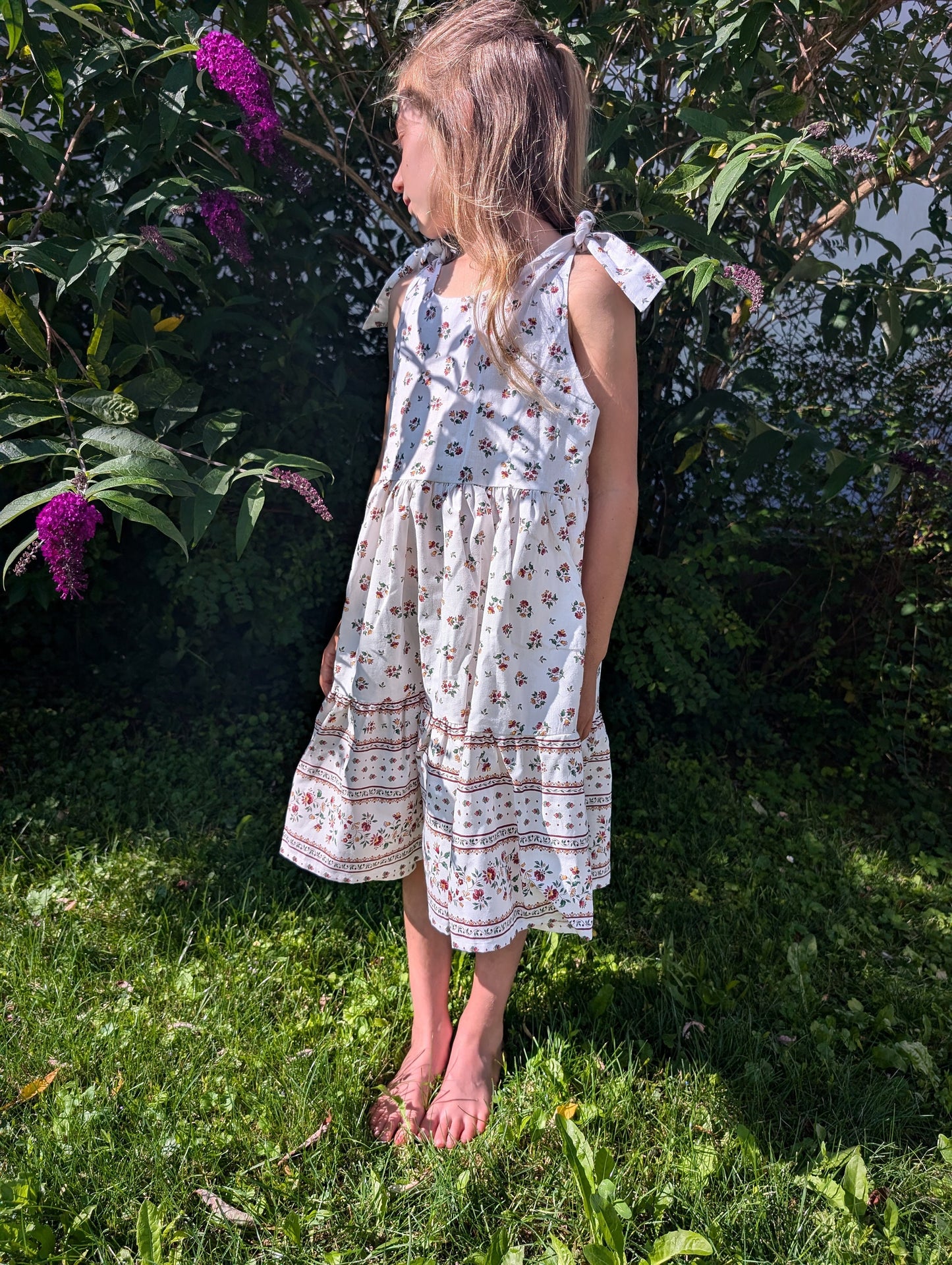 Adorable French Sundress Cotton Girls Made in France Kid Size Wild Flowers Off White Yellow