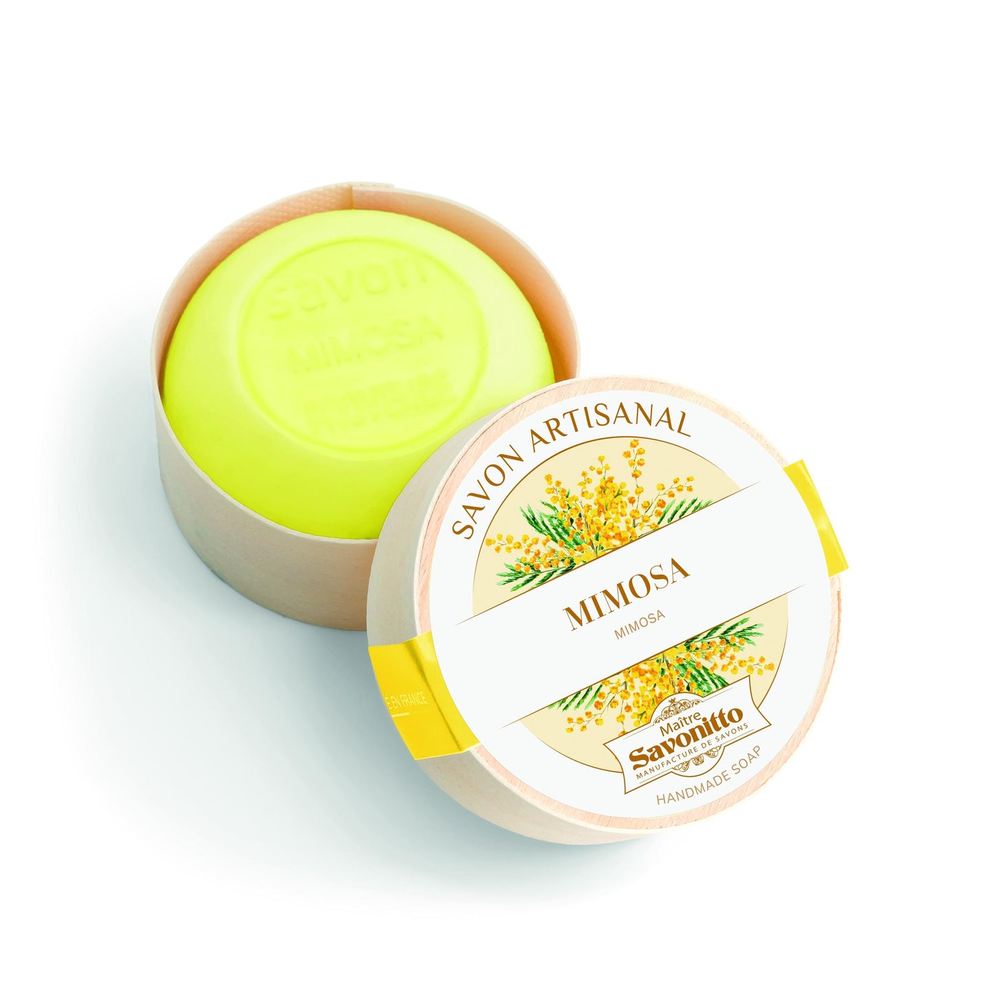 Round soap made in France in beautiful wooden box (Myrrh Amber)