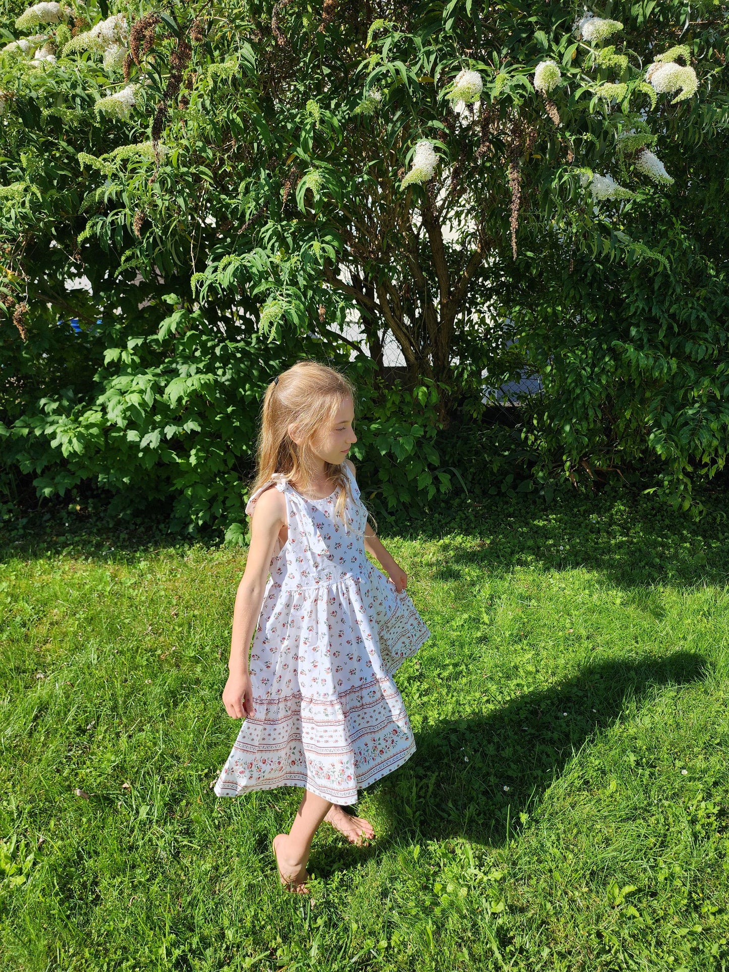 Adorable French Sundress Cotton Girls Made in France Kid Size Wild Flowers Off White Yellow