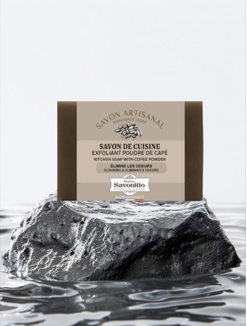 Natural Kitchen Soap with Coffee Grounds – Eliminates Garlic, Onion, Fish Odors | Exfoliating Hand Soap & Utensil Cleaner | Made in France
