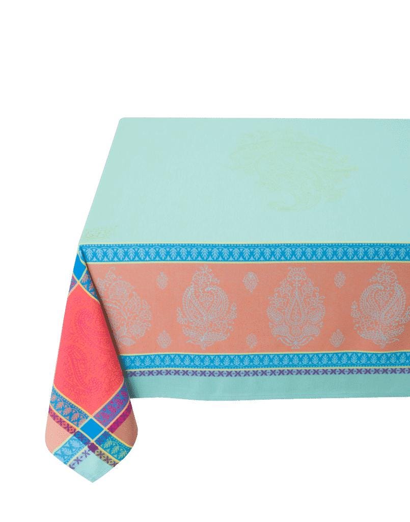 Rectangular 98'' or 118" or 137" France Jacquard Provence tablecloth "Cassis" vibrant colors water repellent soft Turquoise
