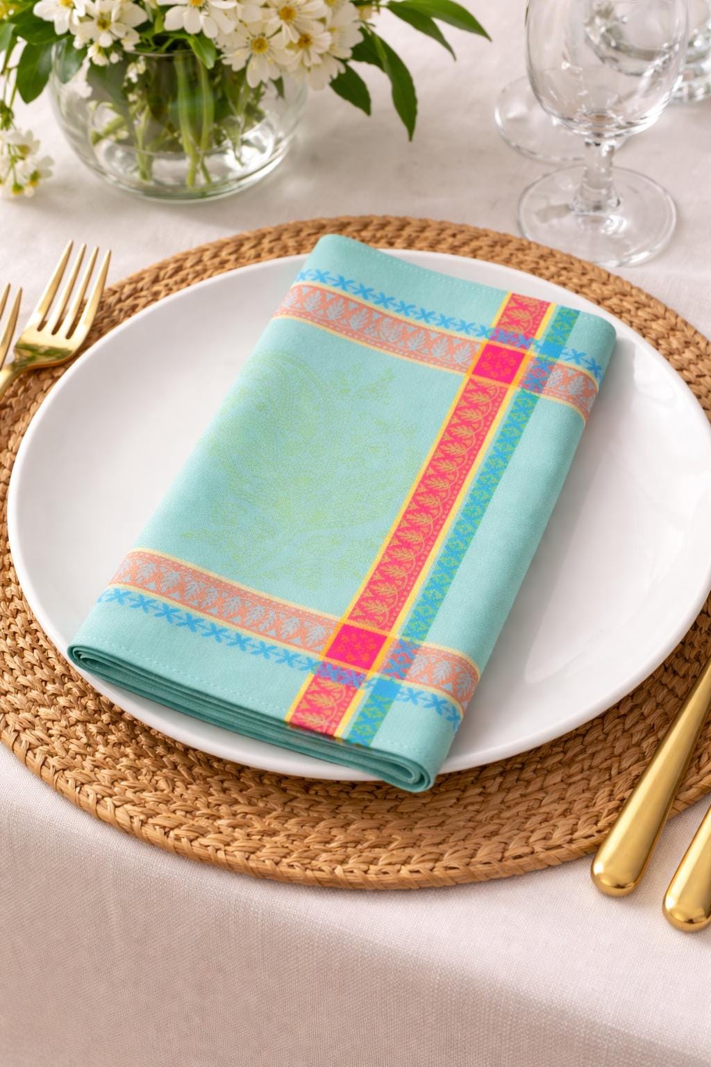Set of Provence France Napkins jacquard woven Turquoise "Marius"