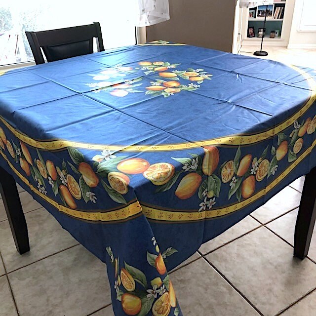 Square 69" Coated Tablecloth - Lemon Blue