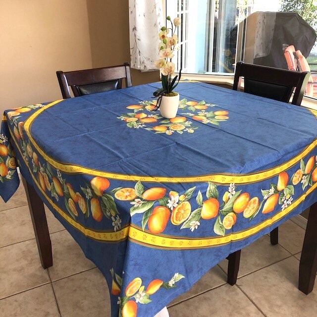 Square 69" Coated Tablecloth - Lemon Blue
