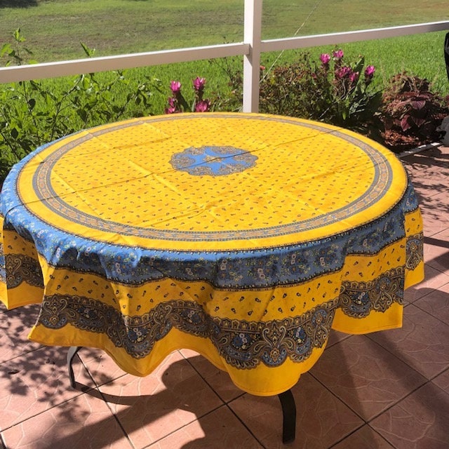 Round 90" coated or cotton France Provence tablecloth yellow & blue tradition