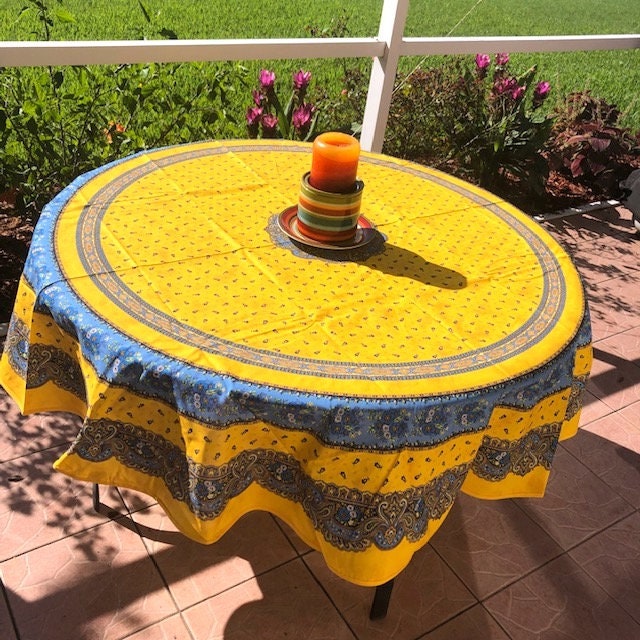 Round 90" coated or cotton France Provence tablecloth yellow & blue tradition