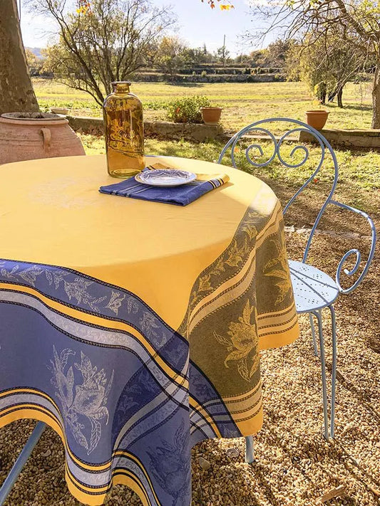 Beautiful 78" or 98" Provence Jacquard TableCloth "Citrus" Blue and Yellow Made in France