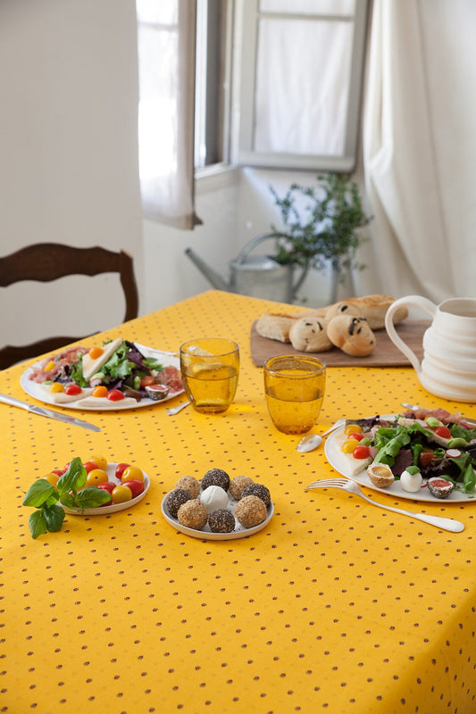 Rectangular 78", 98", 137" coated or cotton France Provence tablecloth yellow red "Calisson"