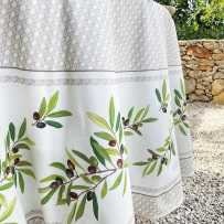 Round 90'' coated or cotton French Provence tablecloth off-white with olive