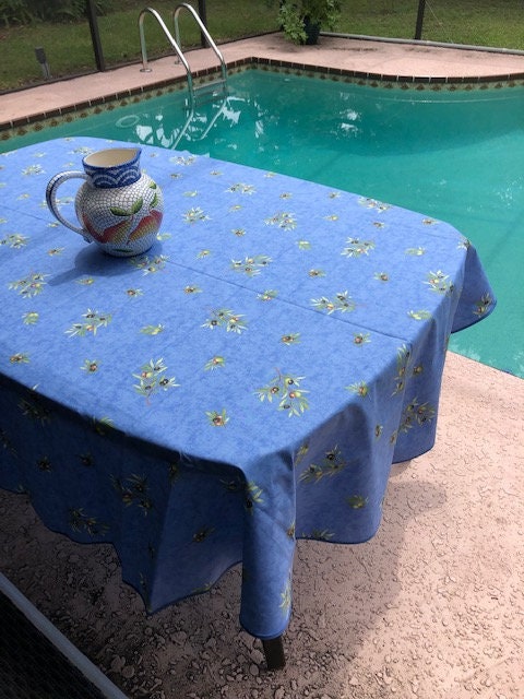 Oval 78", 98" coated or cotton France Provence tablecloth cotton blue