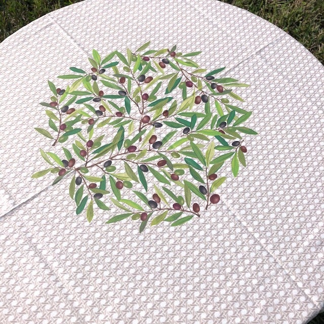 Round 70'' coated or cotton French Provence tablecloth off-white with olive