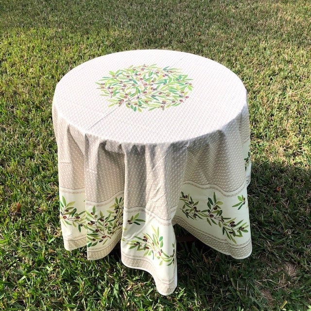 Round 90'' coated or cotton French Provence tablecloth off-white with olive
