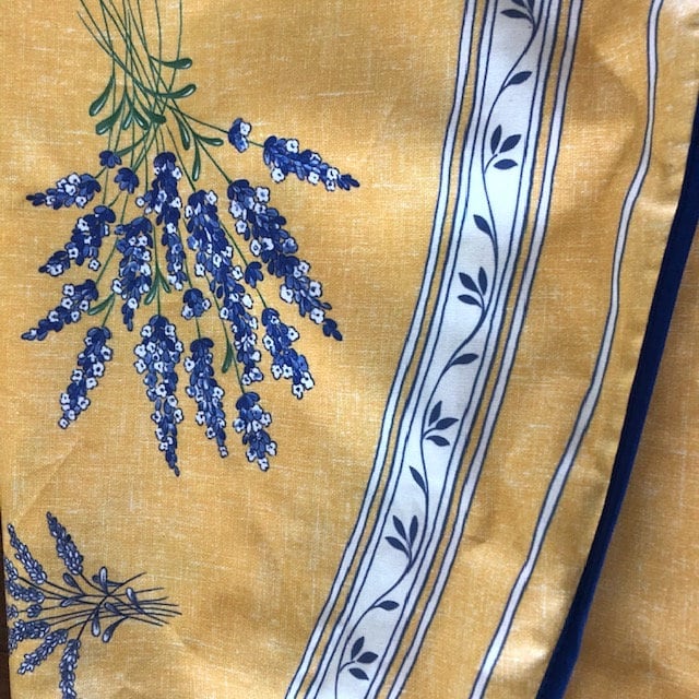 Round 70'' coated or cotton French Provence tablecloth yellow with lavender pattern