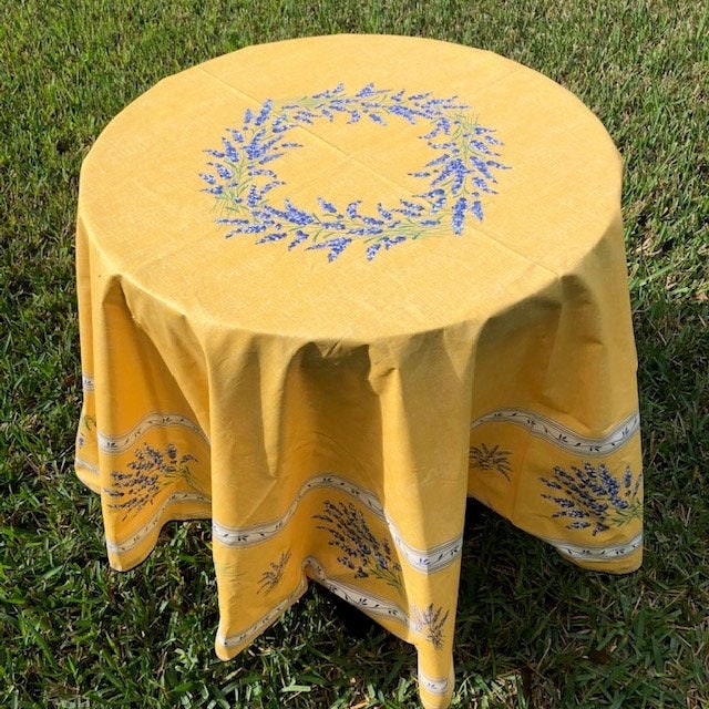 Round 70'' coated or cotton French Provence tablecloth yellow with lavender pattern