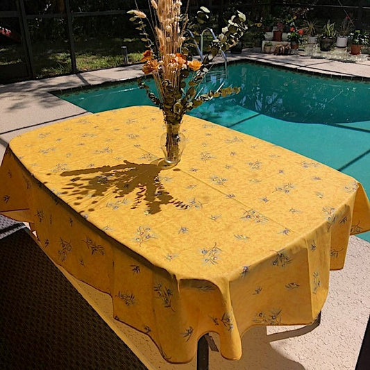 French Provence tablecloth yellow with olive pattern 78"or 98" coated or cotton, clos des oliviers