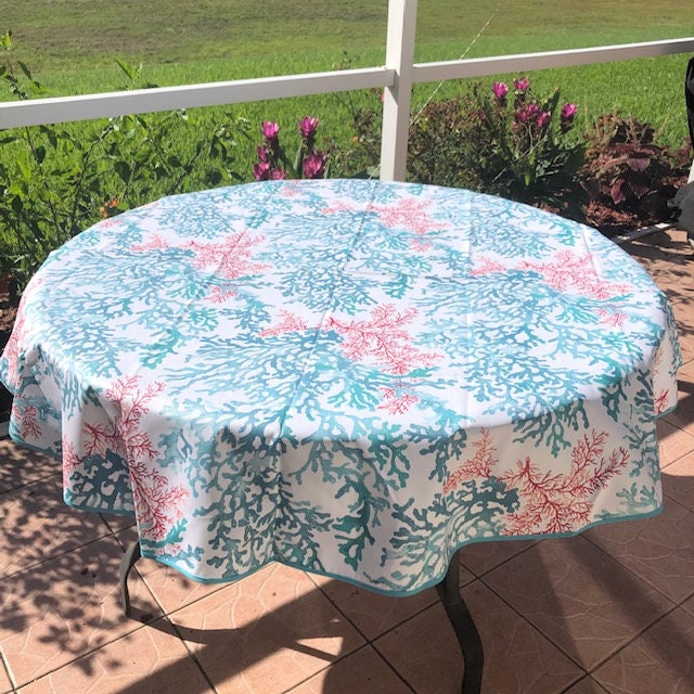 round 61" tablecloth coated France Provence turquoise decorative coral
