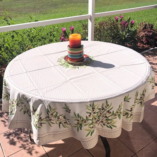 Round 90'' coated or cotton French Provence tablecloth off-white with olive