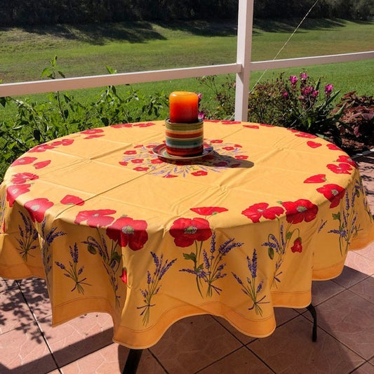 Round 90"coated or cotton Provence tablecloth yellow poppy pattern