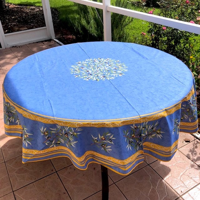 Round 70" coated or cotton French Provence tablecloth blue