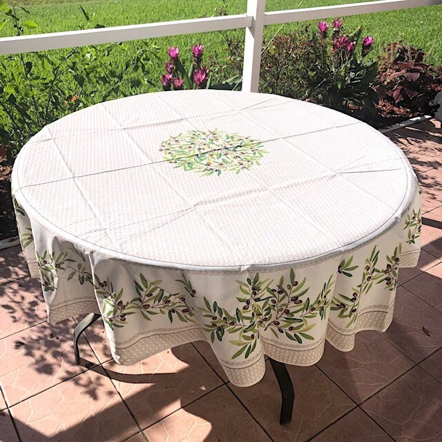 Round 90'' coated or cotton French Provence tablecloth off-white with olive