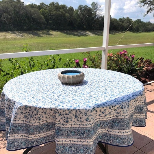 Round 70'' coated cotton France Provence tablecloth blue Gentiane