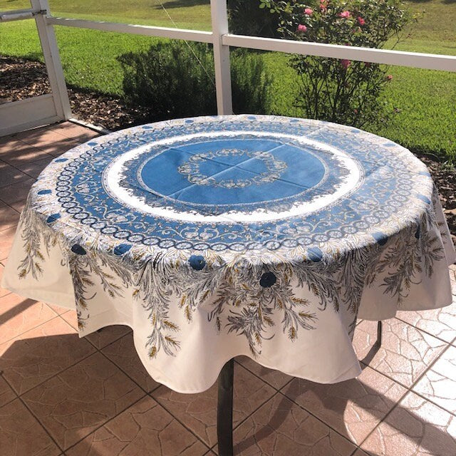 round 70" coated or cotton France Provence tablecloth blue white floral "Montmirail"
