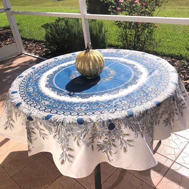 round 70" coated or cotton France Provence tablecloth blue white floral "Montmirail"