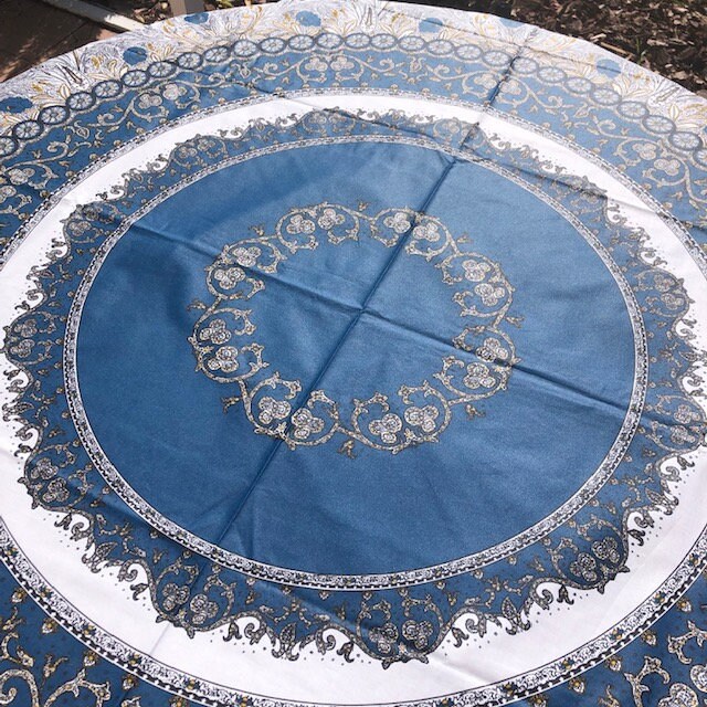 round 70" coated or cotton France Provence tablecloth blue white floral "Montmirail"