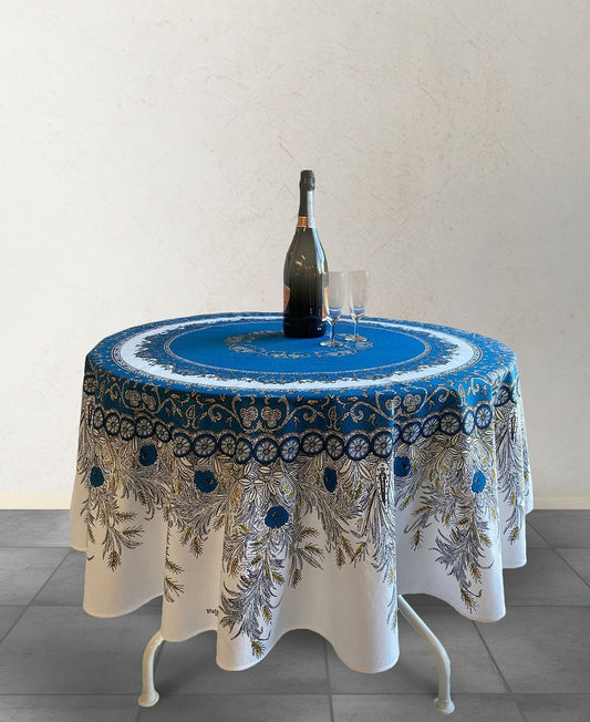 round 70" coated or cotton France Provence tablecloth blue white floral "Montmirail"